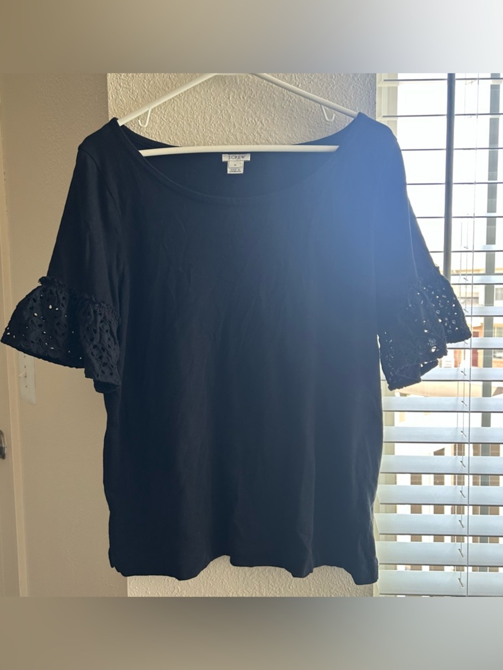 J. Crew Black Cotton Tee with Eyelet Flutter Sleeves